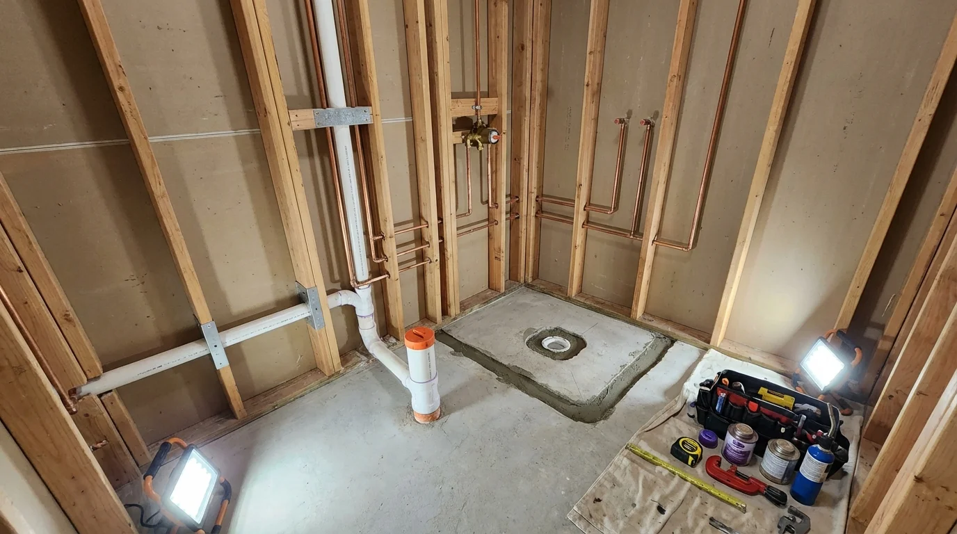 Bathroom rough-in plumbing during remodel by Johns Plumbing LLC in Hayward