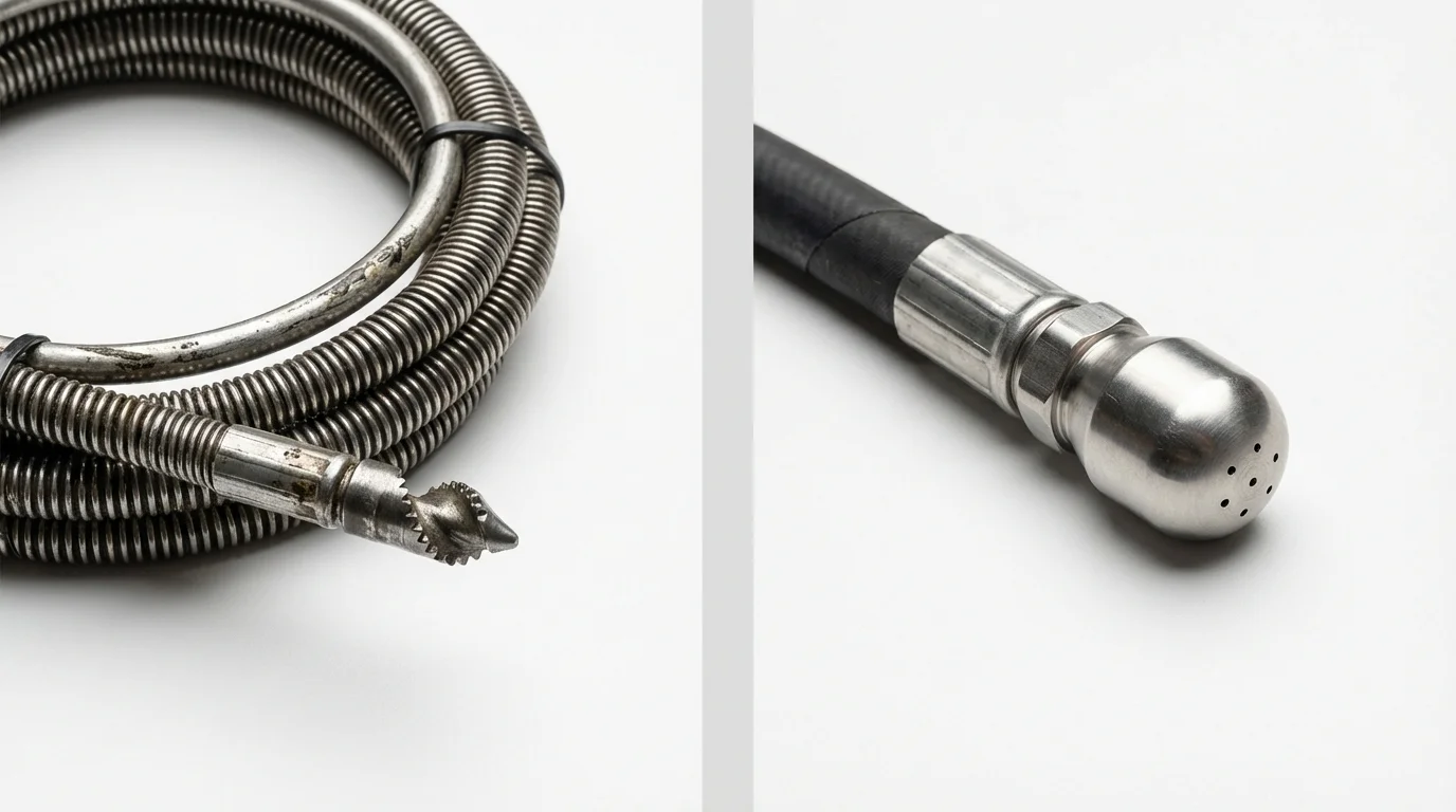 Drain snake cable and hydro jetting nozzle used for drain cleaning in Hayward, WI