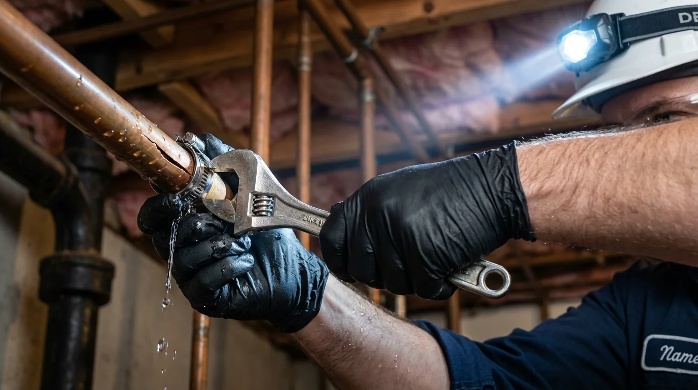 Emergency pipe clamp repair being performed by a Johns Plumbing LLC plumber in Hayward
