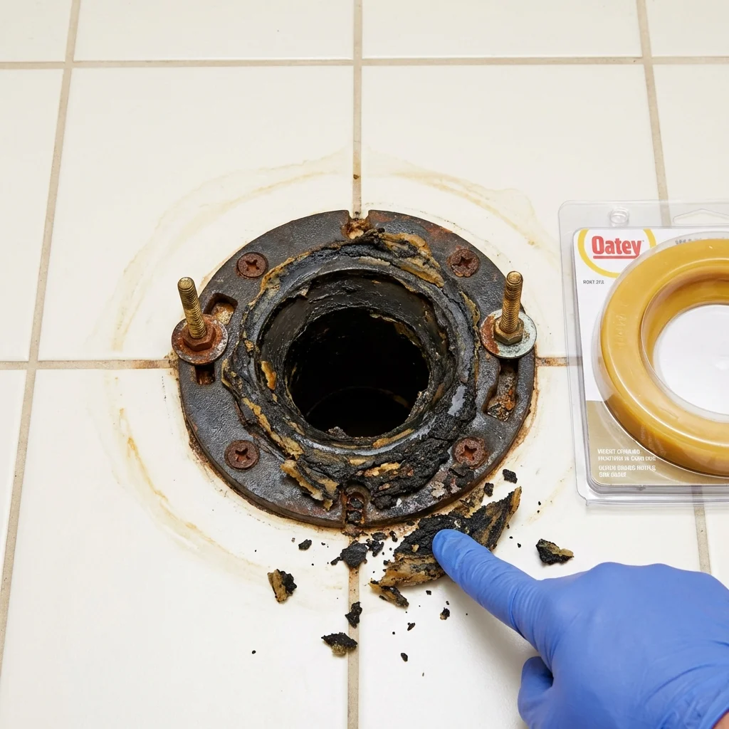 Failed wax ring showing water seepage at the base of a toilet in a Hayward, WI home