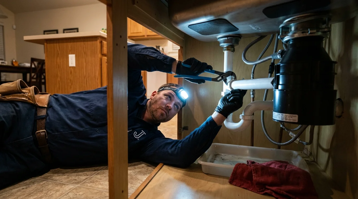 P-trap and supply line connections under a kitchen sink showing a common leak point in Hayward, WI